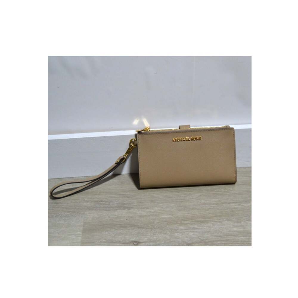 Michael Kors Jet Set Tan Leather Double Zip Phone Case Wallet Wristlet